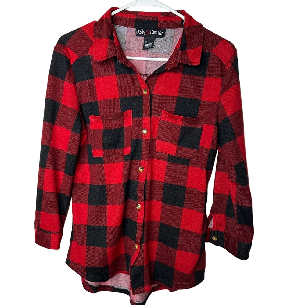 Polly & Esther plaid checkered black & red long sleeve button down w pocket L